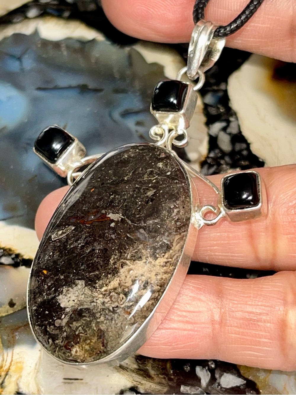 Nuummite & Black Onyx Crystal Pendant 2 1/2”